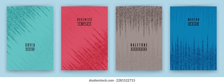 Modernes, halftone Punkt-Textur-Plakathintergrund, Vektorset. Broschüre Titelseiten digitale Vorlagen. Sammlung geometrischer Muster-Flyer-Hintergründe. Titelseite des Magazins: Halbton-Punkte-Layout. 