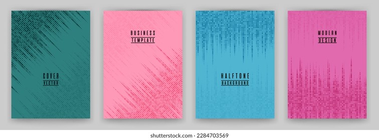 Modern halftone dot texture placard background vector set. Brochure cover page digital templates. Minimal pattern poster backgrounds collection. Trendy cover layouts. Halftone dots texture.