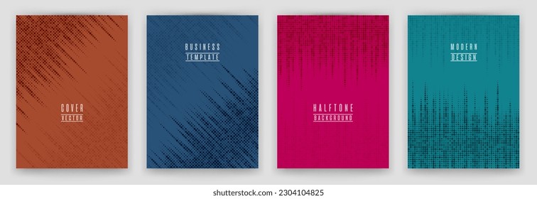 Modernes, halftone Punkt-Textur-Plakathintergrund, Vektorset. Broschüre Titelseiten bunter Vorlagen. Sammlung geometrischer Muster-Hintergrundbilder. Circle-Elemente-Lehrbuchumschlag-Layouts.