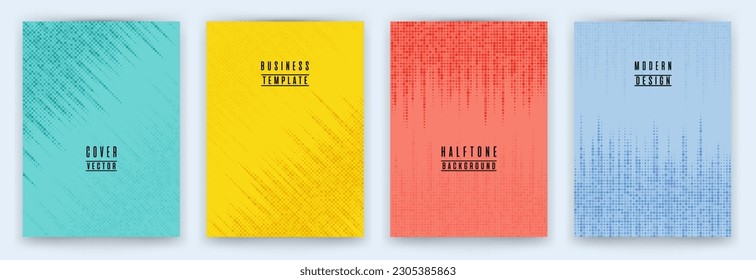 Conjunto de vectores de fondo de rótulo de textura de punto medio-tono moderno. Plantillas creativas de portada de folleto. Colección mínima de fondo de afiches de patrón. Diseño de puntos de media tonalidad de la portada del informe anual. 