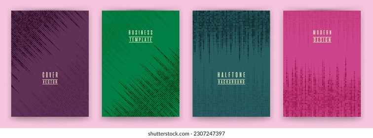 Modern halftone dot texture placard background vector set. Brochure cover page creative templates. Cool pattern poster backgrounds collection. Trendy cover layouts. Halftone dots texture.