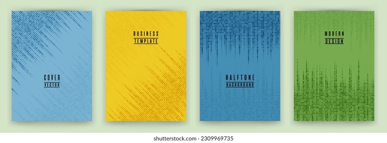 Modern halftone dot texture placard background vector set. Brochure cover page colorful templates. Geometric pattern banner backgrounds design. School notebook cover halftone dots print.