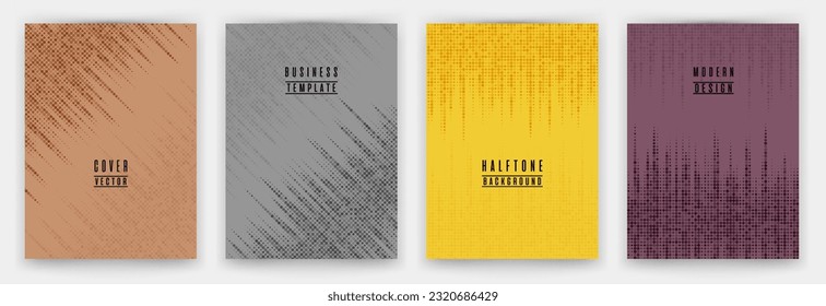 Modern halftone dot texture placard background vector set. Brochure cover page creative templates. Minimal pattern poster backgrounds collection. Magazine cover page halftone dots layout. 