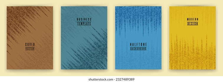 Modern halftone dot texture placard background vector set. Brochure cover page colorful templates. Geometric pattern flyer backgrounds collection. Annual report cover page halftone dots layout. 