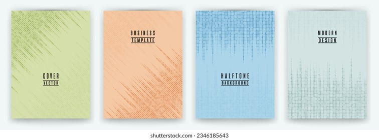 Modern halftone dot texture placard background vector set. Brochure cover page creative templates. Minimal pattern poster backgrounds collection. Magazine cover page halftone dots layout. 