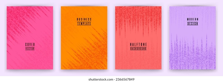 Conjunto de vectores de fondo de rótulo de textura de punto medio-tono moderno. Plantillas digitales de portada de folleto. Colección mínima de fondo de afiches de patrón. Conjunto de fondo de negocio del catálogo de carpetas.