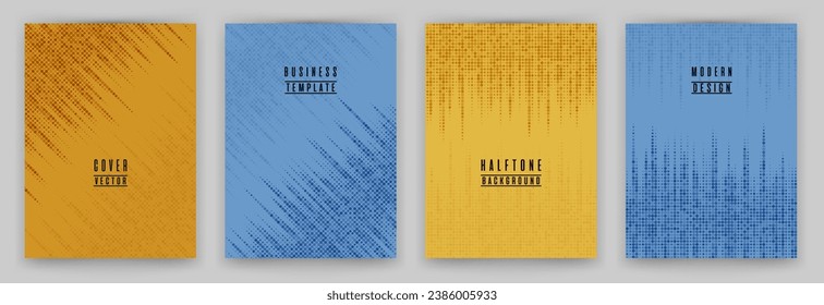 Modern halftone dot texture placard background vector set. Brochure cover page colorful templates. Geometric pattern flyer backgrounds collection. Annual report cover page halftone dots layout. 