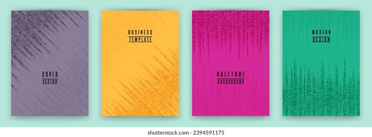 Modern halftone dot texture placard background vector set. Brochure cover page colorful templates. Geometric pattern banner backgrounds collection. School notebook cover halftone dots print.