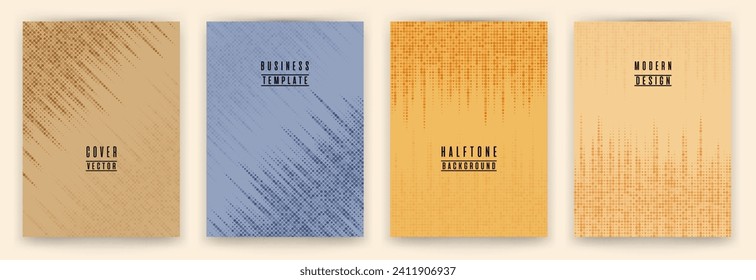 Modern halftone dot texture placard background vector set. Brochure cover page creative templates. Cool pattern poster backgrounds collection. Abstract cover layouts. Halftone points texture.