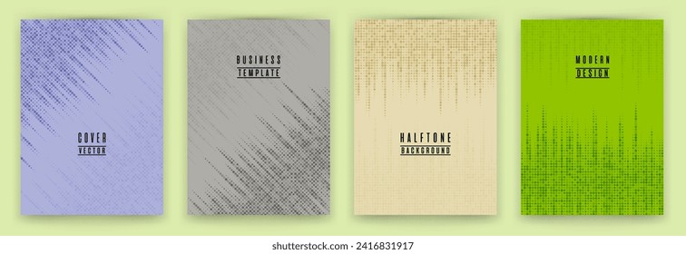 Modern halftone dot texture placard background vector set. Brochure cover page dotted templates. Geometric pattern banner backgrounds design. Annual report cover page halftone dots layout. 