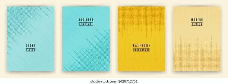 Conjunto de vectores de fondo de rótulo de textura de punto medio-tono moderno. Plantillas de colores de portada de folletos. Diseño de fondo de banner de patrón geométrico. Impresión de puntos de semitono de portada de cuaderno escolar.