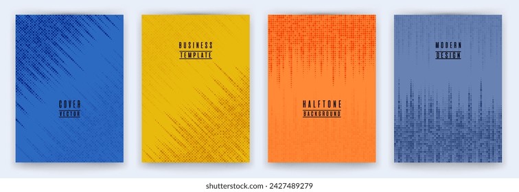 Modern halftone dot texture placard background vector set. Brochure cover page creative templates. Geometric pattern flyer backgrounds design. Folder catalog business backdrop set.