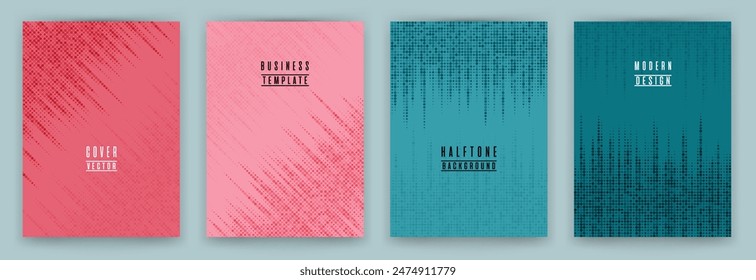 Modern halftone dot texture placard background vector set. Brochure cover page digital templates. Minimal pattern poster backgrounds collection. Abstract cover layouts. Halftone points texture.