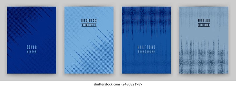 Modern halftone dot texture placard background vector set. Brochure cover page dotted templates. Geometric pattern flyer backgrounds design. Typography design graphic templates.