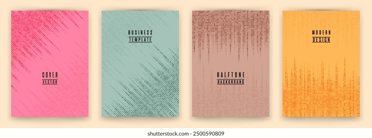 Modern halftone dot texture placard background vector set. Brochure cover page colorful templates. Cool pattern poster backgrounds collection. Circle elements textutre book cover layouts.