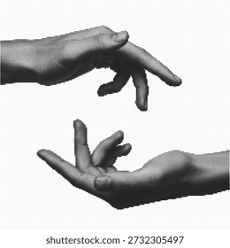 Moderno medio tono gráfico de dos manos que alcanzan juntos concepto de conexión y creación aislado sobre fondo blanco monocromo punteado arte para proyectos de diseño digital e impreso