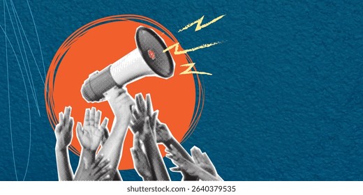 Modern halftone pop art collage. I want to talk! Many hands reach for a megaphone isolated on a blue background. This concept could be protest, advertisement or news.
