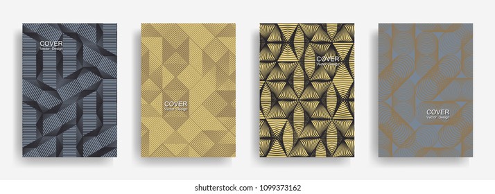 Modern  halftone shapes minimal geometric cover templates collection design. Halftone lines grid vector background of triangle, hexagon, rhombus, circle shapes. Business geometric cover backgrounds.
