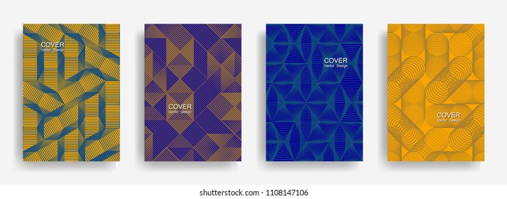 Modern  halftone shapes minimal geometric cover templates collection design. Halftone lines grid vector background of triangle, hexagon, rhombus, circle shapes. Business geometric cover backgrounds.