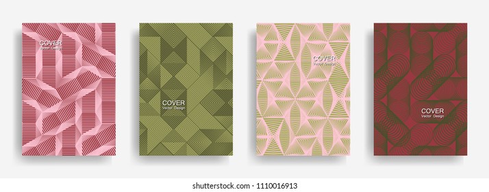 Modern  halftone shapes minimal geometric cover templates set graphic design. Halftone lines grid vector background of triangle, hexagon, rhombus, circle shapes. Trendy geometric cover backgrounds.