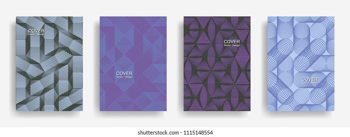 Modern  halftone shapes minimal geometric cover templates collection design. Halftone lines grid vector background of triangle, hexagon, rhombus, circle shapes. Trendy geometric cover backgrounds.