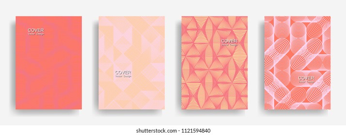 Modern  halftone shapes minimal geometric cover templates set graphic design. Halftone lines grid vector background of triangle, hexagon, rhombus, circle shapes. Classical geometric cover backgrounds.