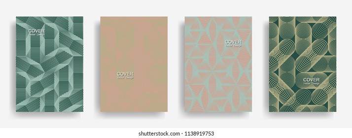 Modern  halftone shapes minimal geometric cover templates set graphic design. Halftone lines grid vector background of triangle, hexagon, rhombus, circle shapes. Typical geometric cover backgrounds.