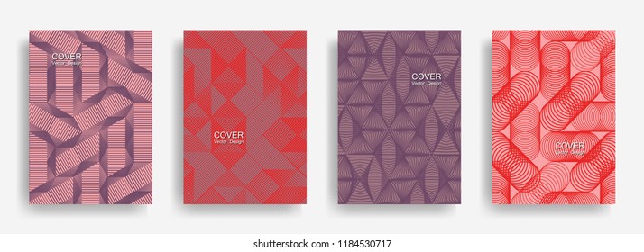 Modern  halftone shapes minimal geometric cover templates set graphic design. Halftone lines grid vector background of triangle, hexagon, rhombus, circle shapes. Laconic geometric cover backgrounds.