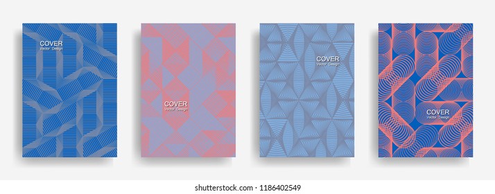 Modern  halftone shapes minimal geometric cover templates set graphic design. Halftone lines grid vector background of triangle, hexagon, rhombus, circle shapes. Simple geometric cover backgrounds.