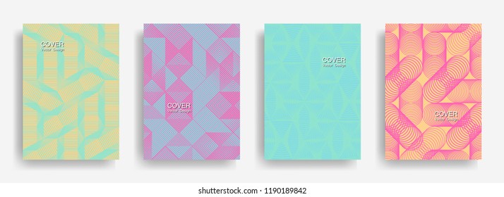 Modern  halftone shapes minimal geometric cover templates collection design. Halftone lines grid vector background of triangle, hexagon, rhombus, circle shapes. Classical geometric cover backgrounds.