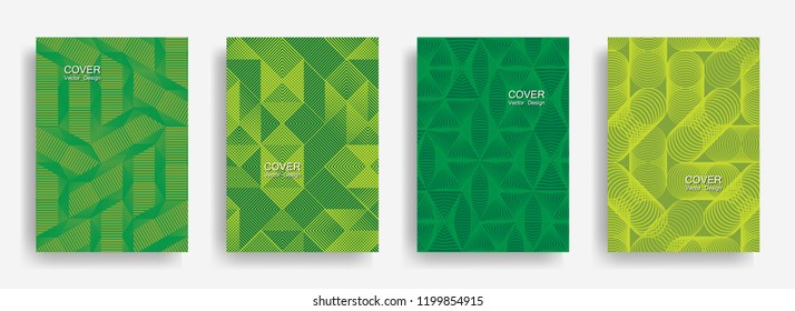 Modern  halftone shapes minimal geometric cover templates collection design. Halftone lines grid vector background of triangle, hexagon, rhombus, circle shapes. Concise geometric cover backgrounds.