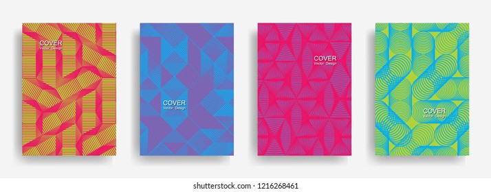 Modern  halftone shapes minimal geometric cover templates set graphic design. Halftone lines grid vector background of triangle, hexagon, rhombus, circle shapes. Typical geometric cover backgrounds.