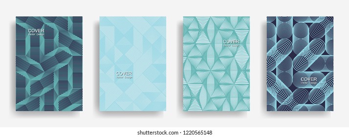 Modern  halftone shapes minimal geometric cover templates collection design. Halftone lines grid vector background of triangle, hexagon, rhombus, circle shapes. Business geometric cover backgrounds.