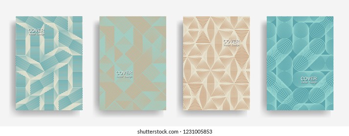 Modern  halftone shapes minimal geometric cover templates collection design. Halftone lines grid vector background of triangle, hexagon, rhombus, circle shapes. Business geometric cover backgrounds.