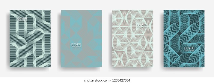 Modern  halftone shapes minimal geometric cover templates collection design. Halftone lines grid vector background of triangle, hexagon, rhombus, circle shapes. Classical geometric cover backgrounds.
