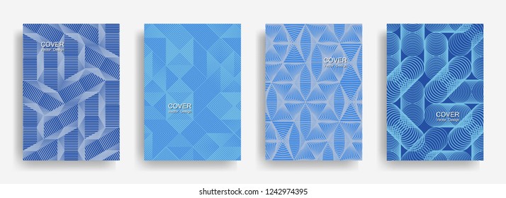 Modern  halftone shapes minimal geometric cover templates collection design. Halftone lines grid vector background of triangle, hexagon, rhombus, circle shapes. Classic geometric cover backgrounds.