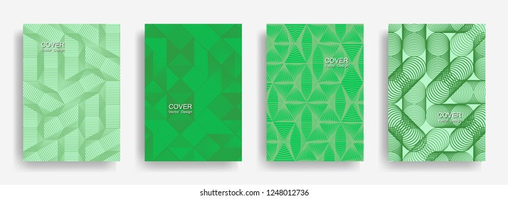 Modern  halftone shapes minimal geometric cover templates set graphic design. Halftone lines grid vector background of triangle, hexagon, rhombus, circle shapes. Laconic geometric cover backgrounds.