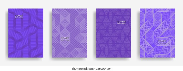 Modern  halftone shapes minimal geometric cover templates collection design. Halftone lines grid vector background of triangle, hexagon, rhombus, circle shapes. Laconic geometric cover backgrounds.