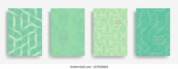 Modern  halftone shapes minimal geometric cover templates set graphic design. Halftone lines grid vector background of triangle, hexagon, rhombus, circle shapes. Simple geometric cover backgrounds.
