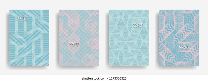 Modern  halftone shapes minimal geometric cover templates collection design. Halftone lines grid vector background of triangle, hexagon, rhombus, circle shapes. Classical geometric cover backgrounds.