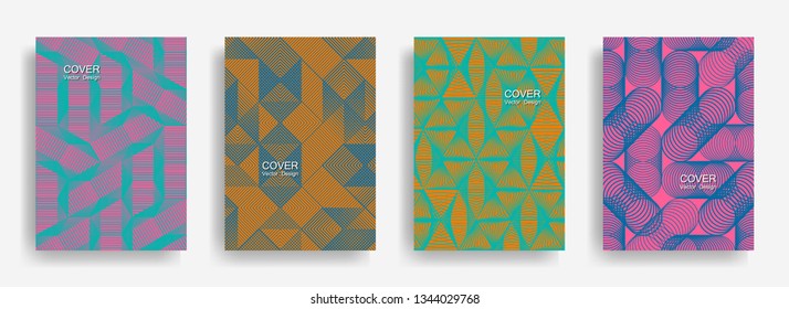 Modern  halftone shapes minimal geometric cover templates set graphic design. Halftone lines grid vector background of triangle, hexagon, rhombus, circle shapes. Concise geometric cover backgrounds.