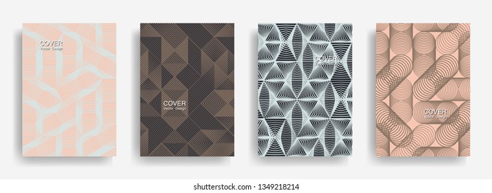 Modern  halftone shapes minimal geometric cover templates collection design. Halftone lines grid vector background of triangle, hexagon, rhombus, circle shapes. Typical geometric cover backgrounds.