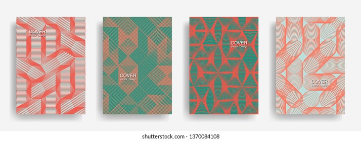 Modern  halftone shapes minimal geometric cover templates set graphic design. Halftone lines grid vector background of triangle, hexagon, rhombus, circle shapes. Classical geometric cover backgrounds.