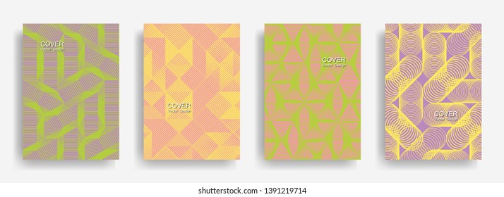 Modern  halftone shapes minimal geometric cover templates collection design. Halftone lines grid vector background of triangle, hexagon, rhombus, circle shapes. Simple geometric cover backgrounds.