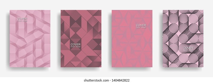 Modern halftone shapes minimal geometric cover templates collection design. Halftone lines grid vector background of triangle, hexagon, rhombus, circle shapes. Laconic geometric cover backgrounds.