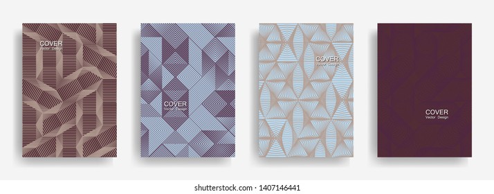 Modern  halftone shapes minimal geometric cover templates collection design. Halftone lines grid vector background of triangle, hexagon, rhombus, circle shapes. Trendy geometric cover backgrounds.