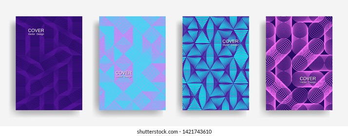 Modern  halftone shapes minimal geometric cover templates set graphic design. Halftone lines grid vector background of triangle, hexagon, rhombus, circle shapes. Typical geometric cover backgrounds.