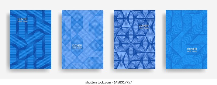 Modern  halftone shapes minimal geometric cover templates set graphic design. Halftone lines grid vector background of triangle, hexagon, rhombus, circle shapes. Simple geometric cover backgrounds.