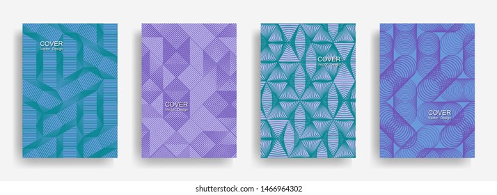 Modern  halftone shapes minimal geometric cover templates collection design. Halftone lines grid vector background of triangle, hexagon, rhombus, circle shapes. Business geometric cover backgrounds.