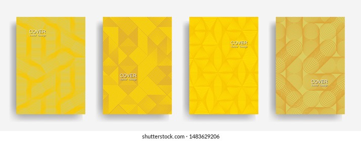 Modern  halftone shapes minimal geometric cover templates set graphic design. Halftone lines grid vector background of triangle, hexagon, rhombus, circle shapes. Business geometric cover backgrounds.